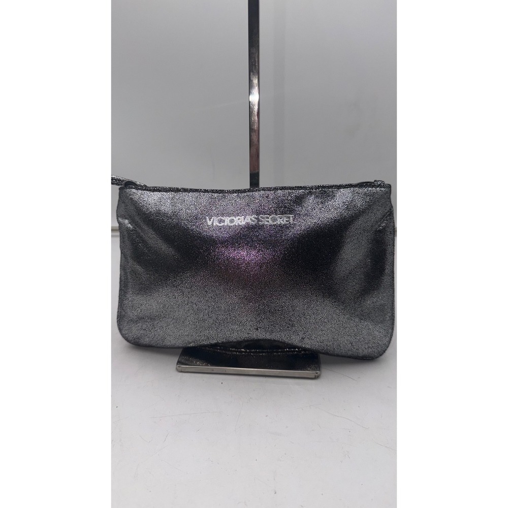 Victorias Secret Metallic Silver Cracked Texture Cosmetic Makeup Pouch Bag Zip